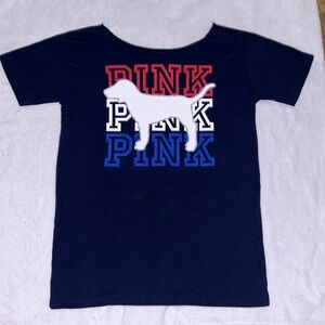 Pink by Victorias Secret Navy blue tee raw hem round neck Red,white &blue logo